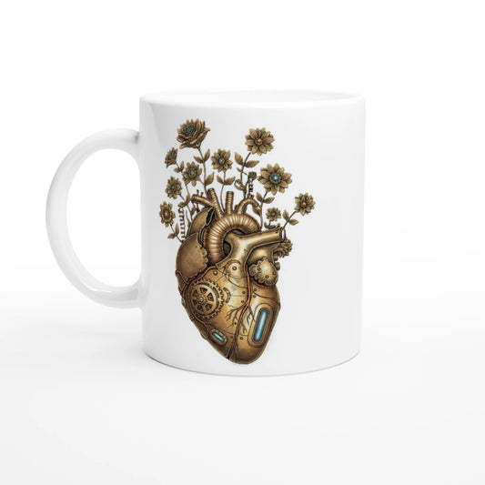 Keramiktasse mit steampunk Herz aus Zahnrädern und Blumen, braun-goldenes Kunstmotiv im Vintage Stil, ideal als Geschenk für Designfans