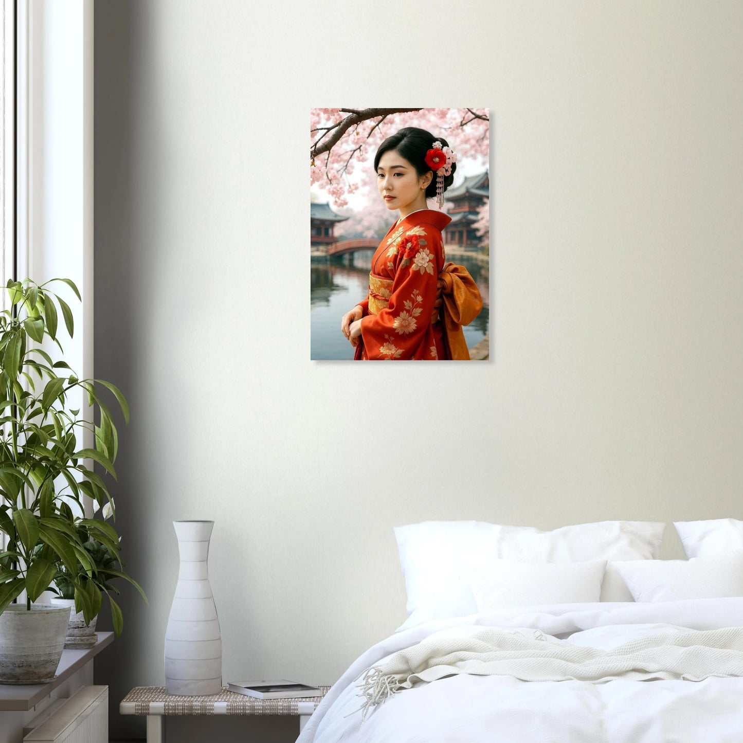 Japanisches Geisha-Poster im roten Kimono unter Kirschblüten, eleganter Kunstdruck mit ruhiger, harmonischer Bildwirkung.