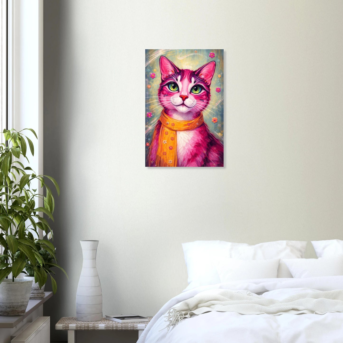 Farbenfrohes Katzenposter mit pinker Katze, grünen Augen und orangefarbenem Schal, modernes Pop Art Tierportrait mit floralen Details als dekoratives Wandbild.