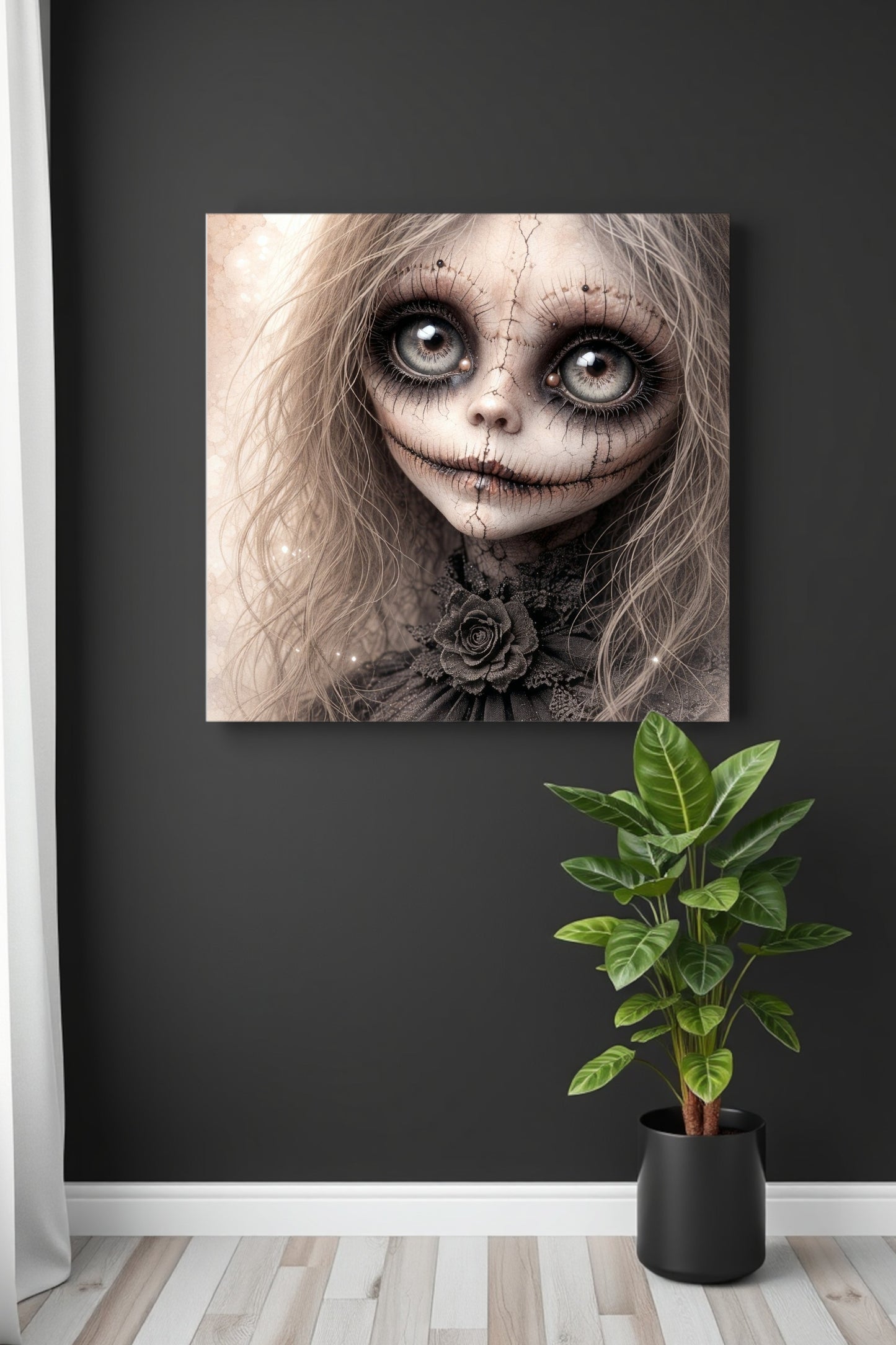 Gothic Puppenporträt mit großen Glasaugen, rissiger Porzellanhaut und dunkler viktorianischer Ästhetik als digitales Wandbild
