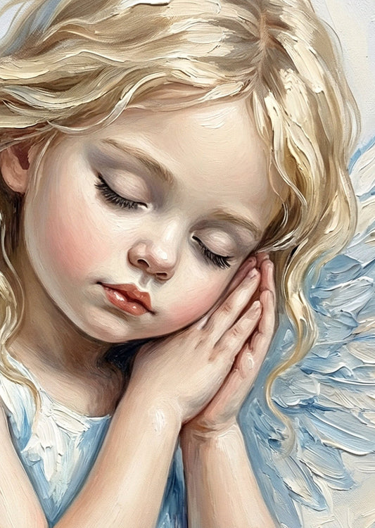 Malerisches Engelmotiv eines schlafenden Kindes mit weißen Flügeln, sanfte Farben in Blau und Creme, ruhige und geborgene Bildwirkung.