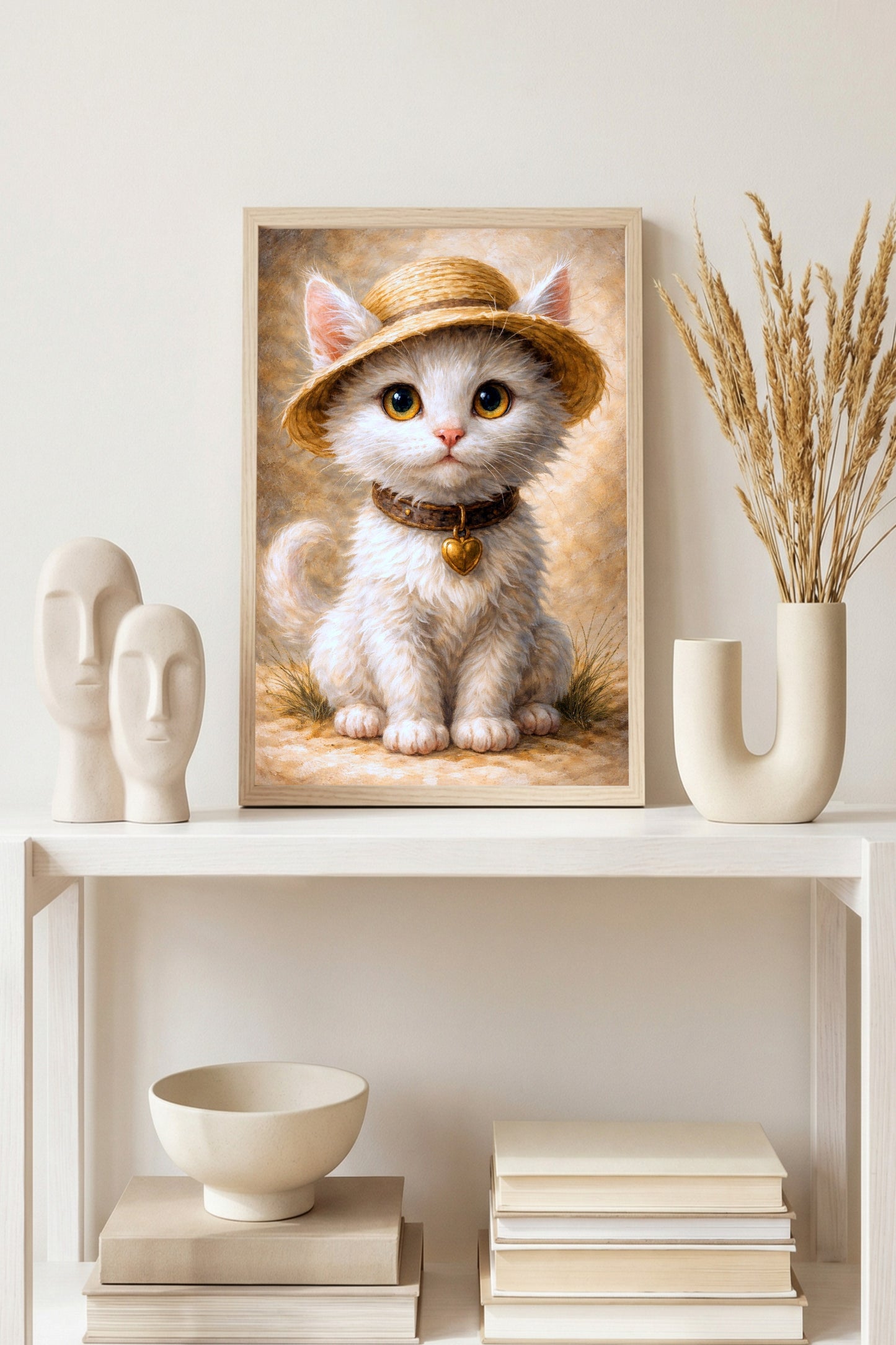 Digitale Illustration einer niedlichen weißen Katze mit Strohhut und Herzanhänger, warme Farben, sanfte Bildwirkung.