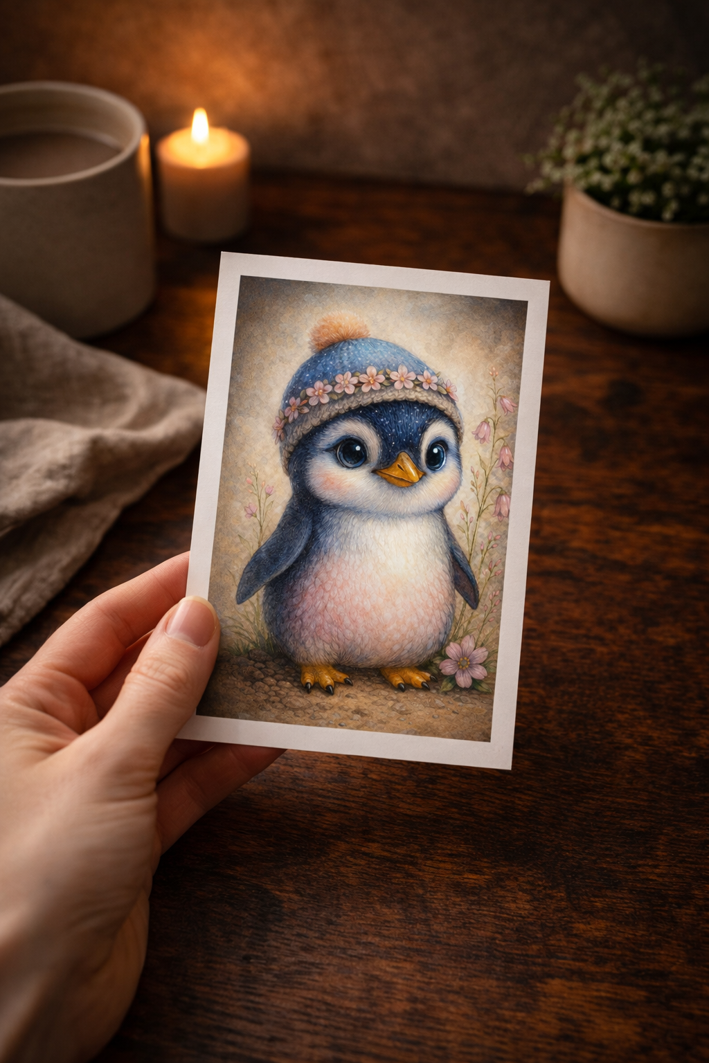 Niedlicher Pinguin mit Mütze und Blumen in Pastellfarben, Kinderzimmer Wandbild Illustration als digitaler Download