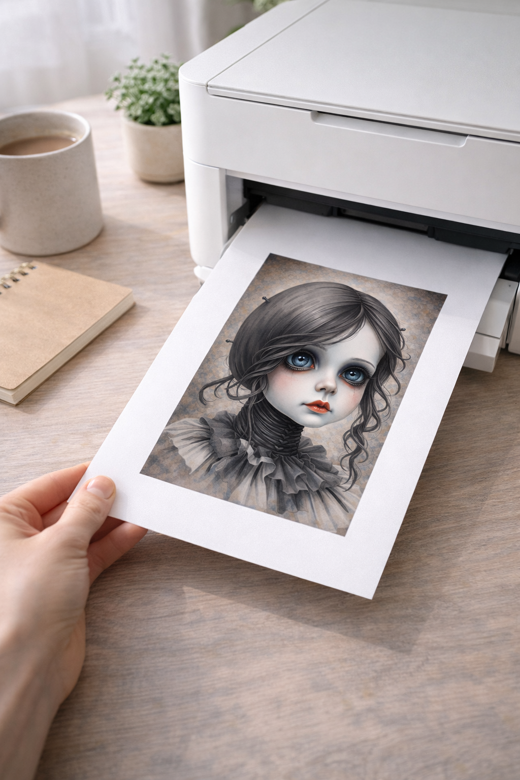Dunkles Mädchenportrait im Gothic Stil mit großen Augen, Rüschenkragen und Vintage Charakter als digitales Wandbild zum Download