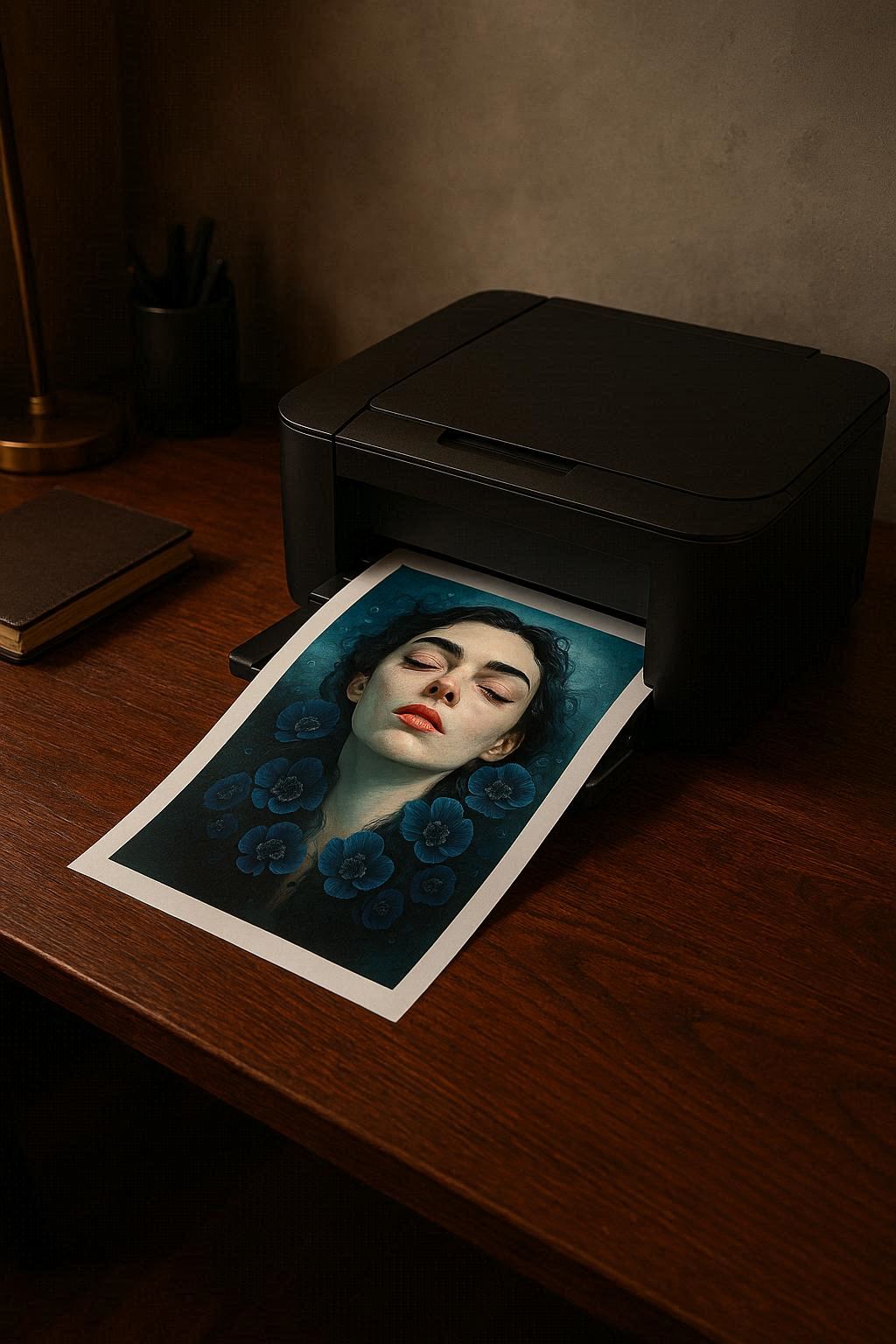Modernes surreales Frauenportrait mit geschlossenen Augen und blauen Blüten im Wasser als digitales Kunstposter für stilvolle Wandgestaltung