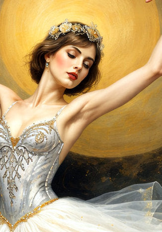 Elegante Illustration einer Balletttänzerin im weißen Tutu mit goldenen Akzenten vor dunklem Hintergrund