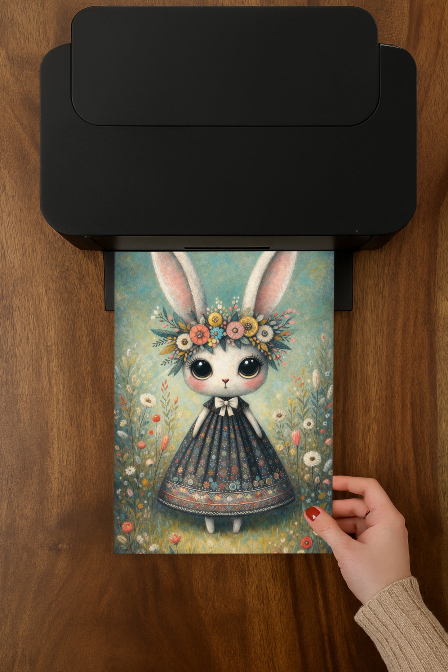 Verspielte Illustration eines Hasen mit Blumenkranz und Kleid in einer blühenden Wiese im Cottagecore Stil