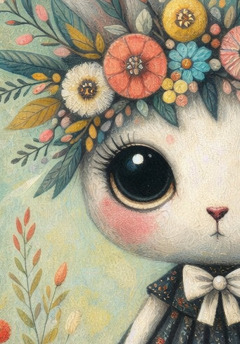 Verspielte Illustration eines Hasen mit Blumenkranz und Kleid in einer blühenden Wiese im Cottagecore Stil