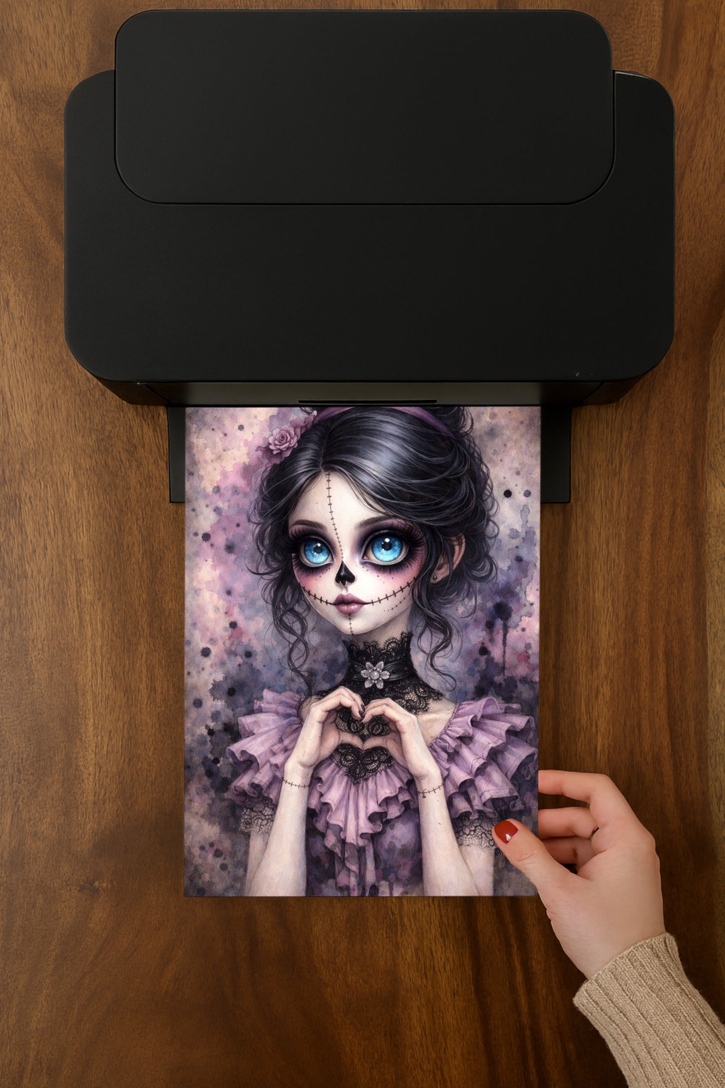 Zartes Porträt eines La-Catrina-Mädchens mit großen blauen Augen, genähtem Gesicht und Herzgeste vor pastelligem Hintergrund