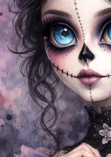 Zartes Porträt eines La-Catrina-Mädchens mit großen blauen Augen, genähtem Gesicht und Herzgeste vor pastelligem Hintergrund