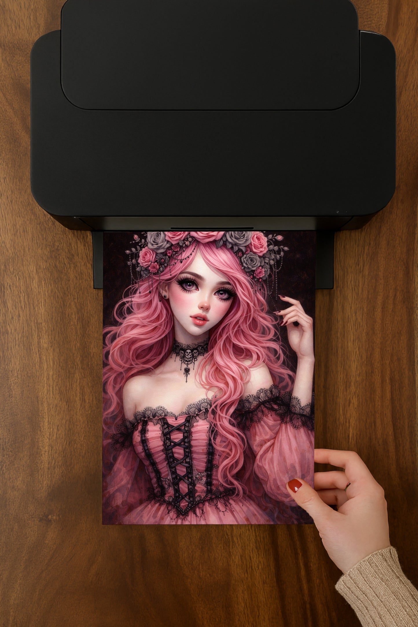 Elegantes Porträt einer pinkhaarigen Gothic-Lolita mit Rosenkranz, Spitzenkleid und dunklem Hintergrund