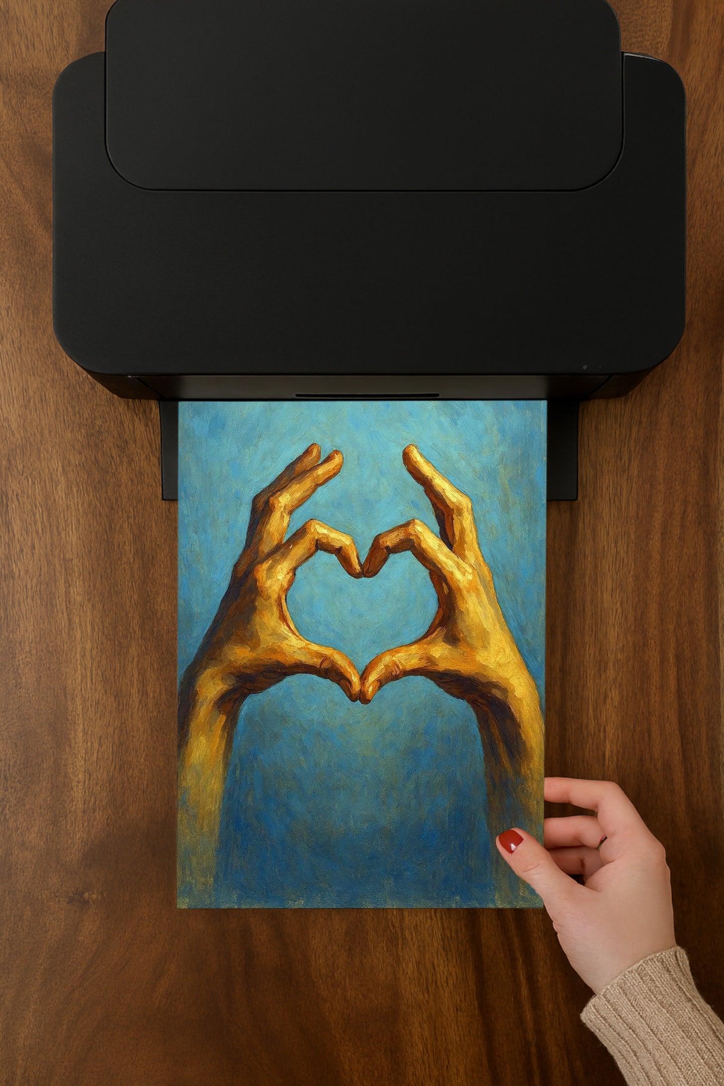 Zwei gemalte Hände formen ein Herz vor blauem Hintergrund, symbolisches digitales Kunstmotiv in warmen Goldtönen