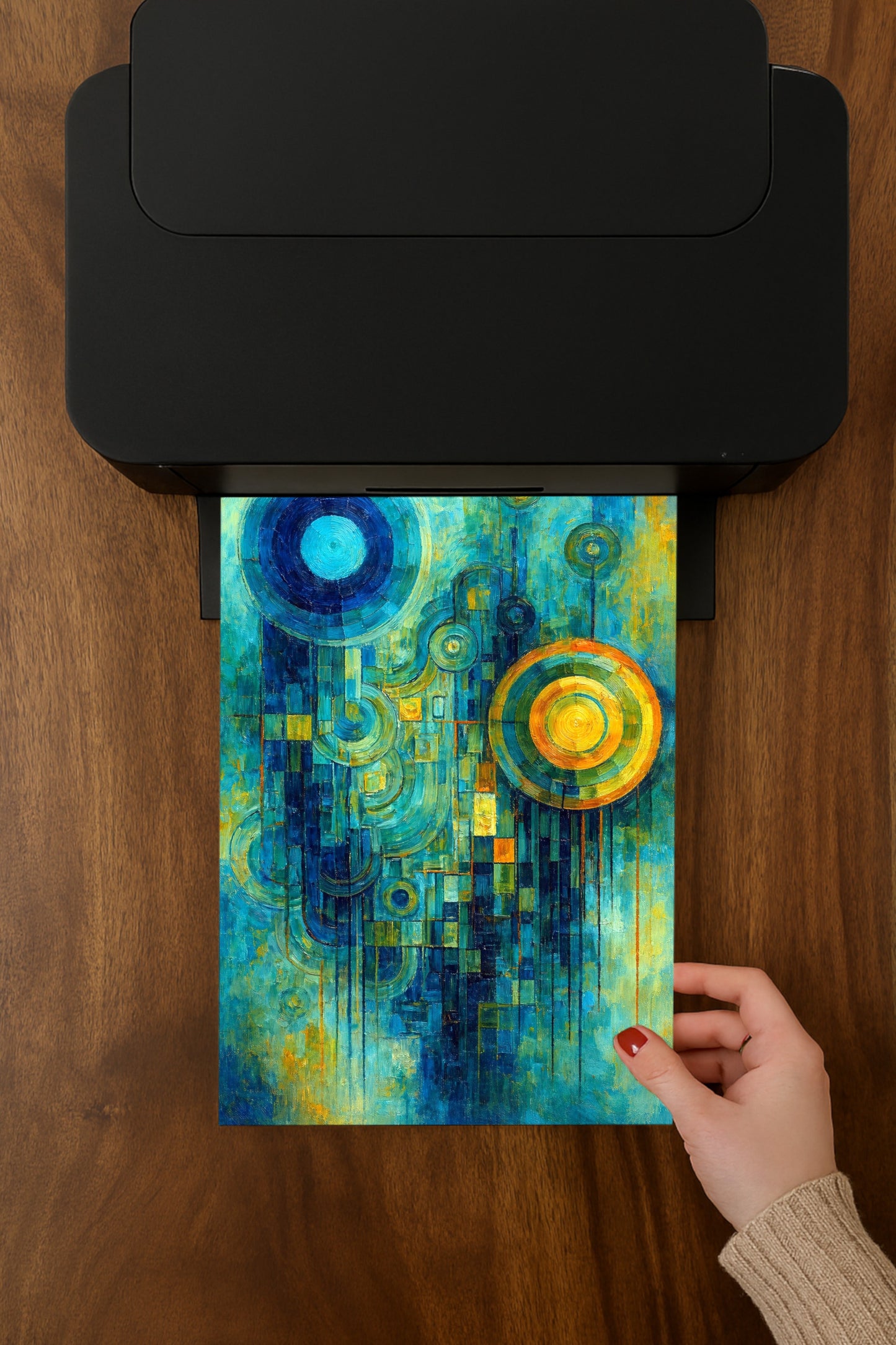 Abstraktes digitales Kunstmotiv mit kreisförmigen Formen in Blau, Türkis und Gold, moderne geometrische Malerei