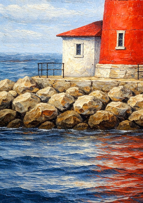 Roter Leuchtturm am Meer mit Segelboot, maritime Illustration in malerischem Stil