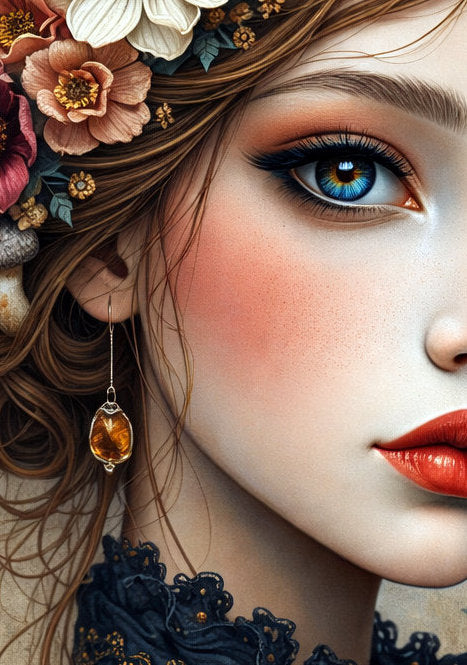 Märchenhaftes Frauenporträt mit Blumen und Pilzen, große blaue Augen, florale Illustration in warmen Naturfarben