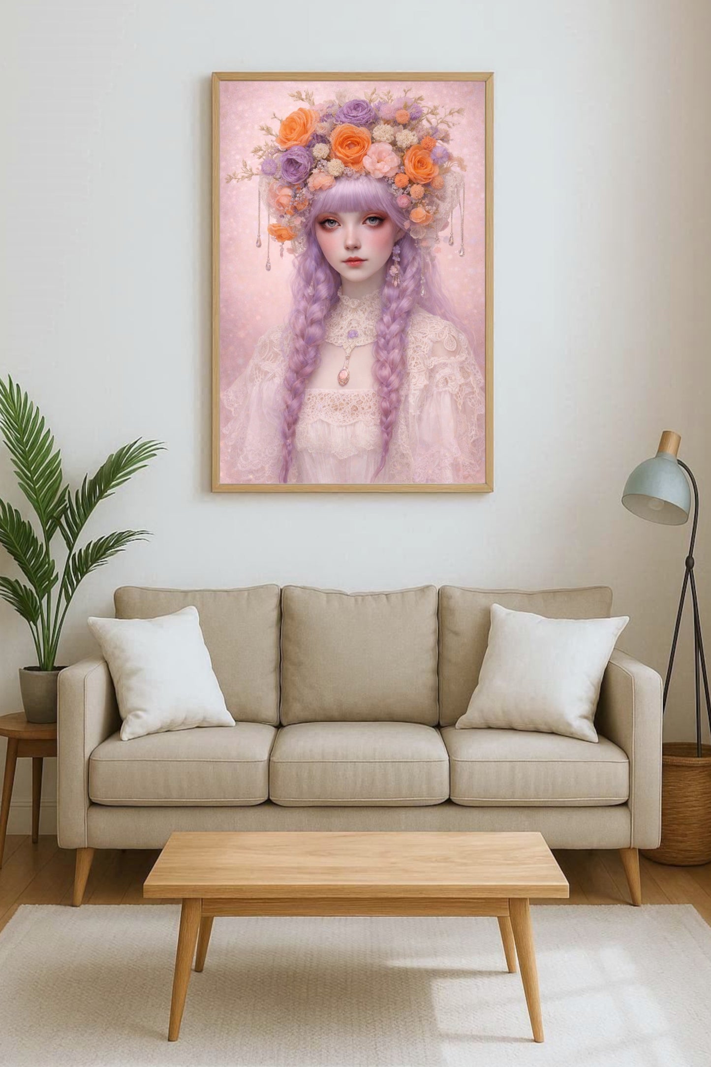 Romantisches Fantasy-Porträt einer jungen Frau mit geflochtenem, lila Haar und üppigem Blumenkranz in sanften Pastellfarben, ruhig, verträumt und märchenhaft.