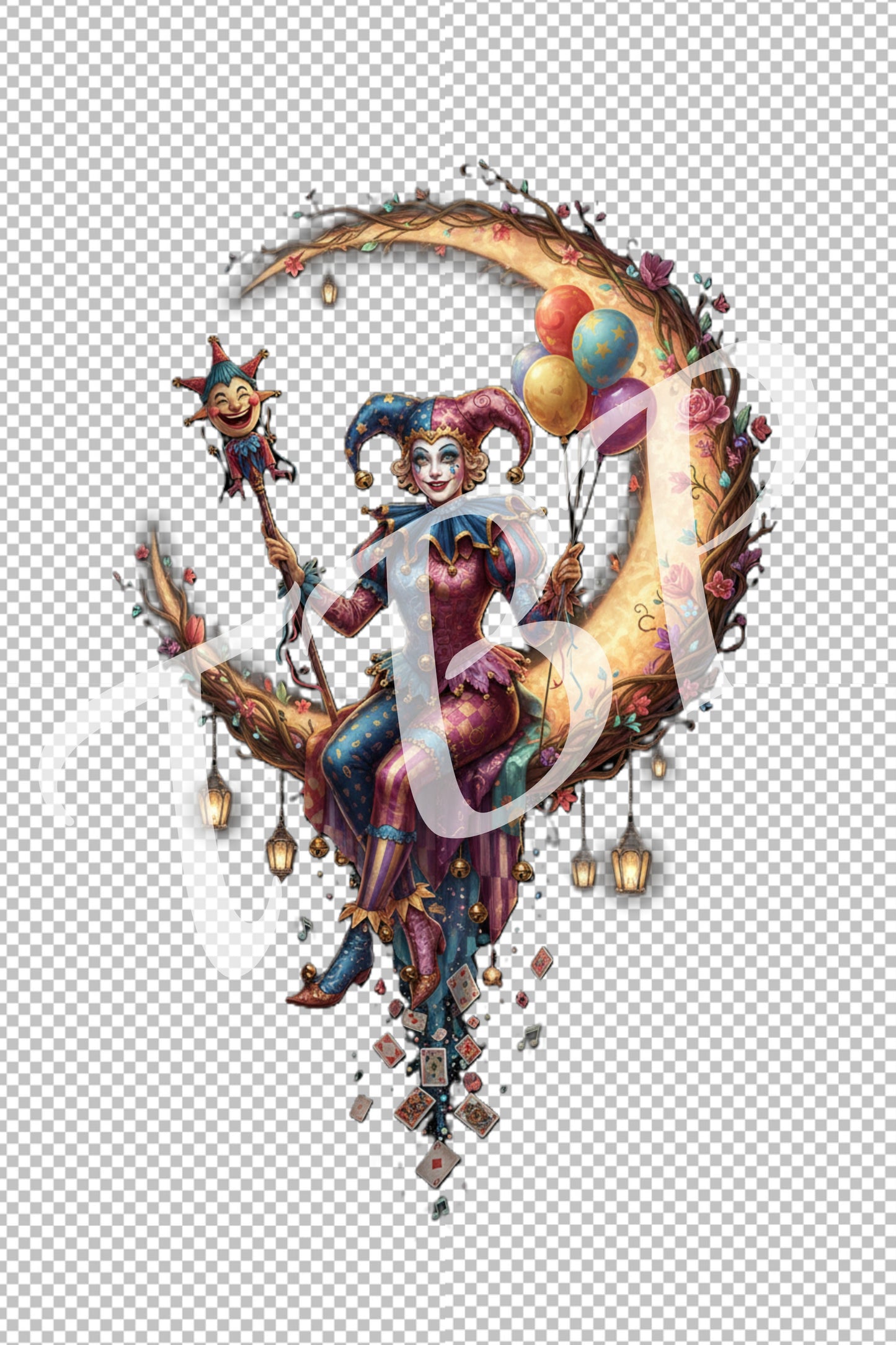 Jester Clipart Bundle mit 18 Harlekin Illustrationen auf transparentem Hintergrund