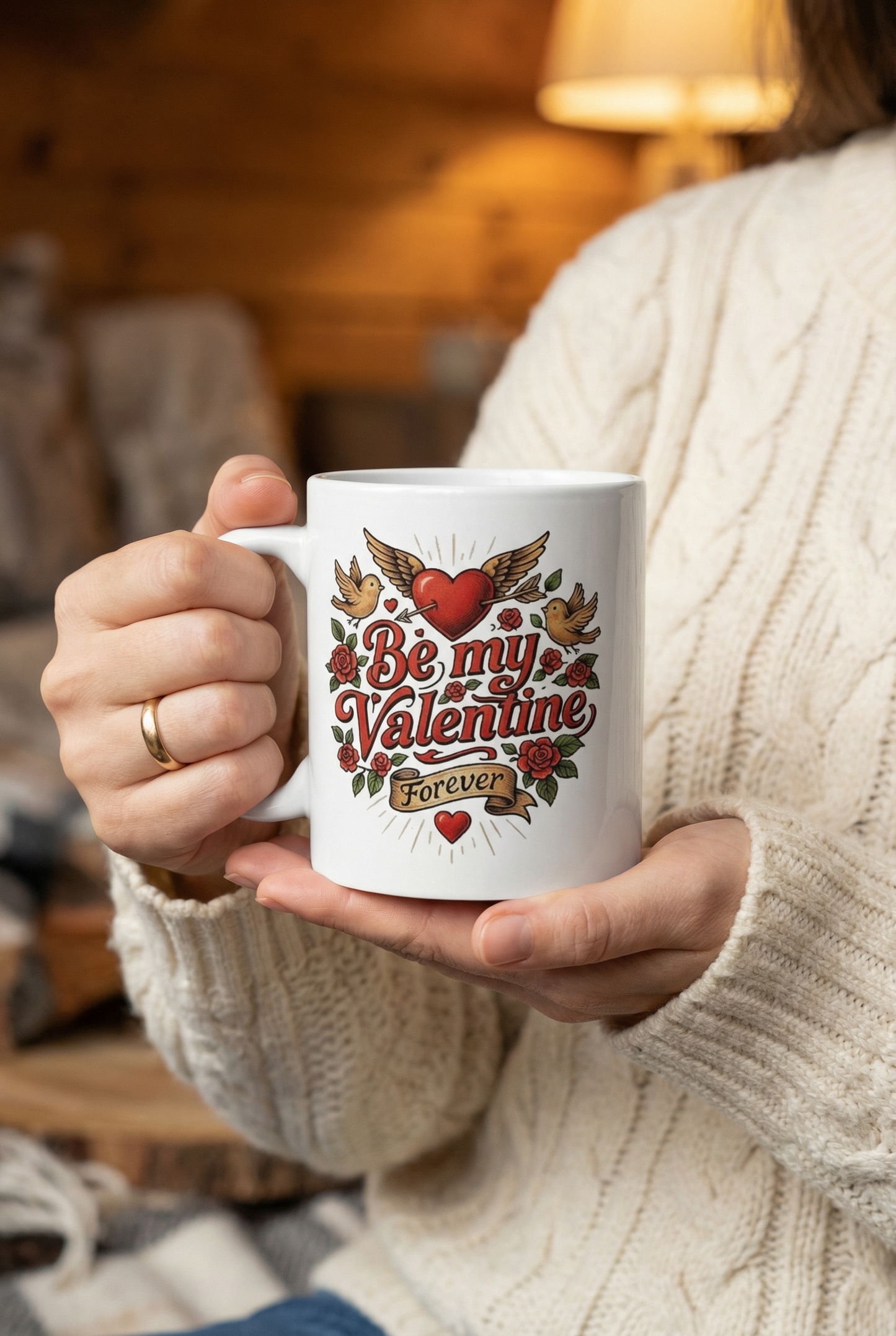 Weiße Keramiktasse mit Aufdruck Be my Valentine Forever, Herzmotiv mit Rosen