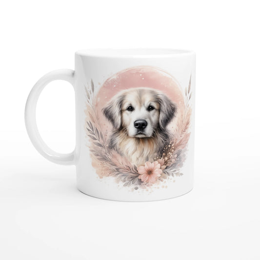 Keramiktasse mit Golden Retriever Portrait und zarten Blumen in warmen Naturtönen, dekorativer Hundebecher als Geschenk oder Alltagsbecher