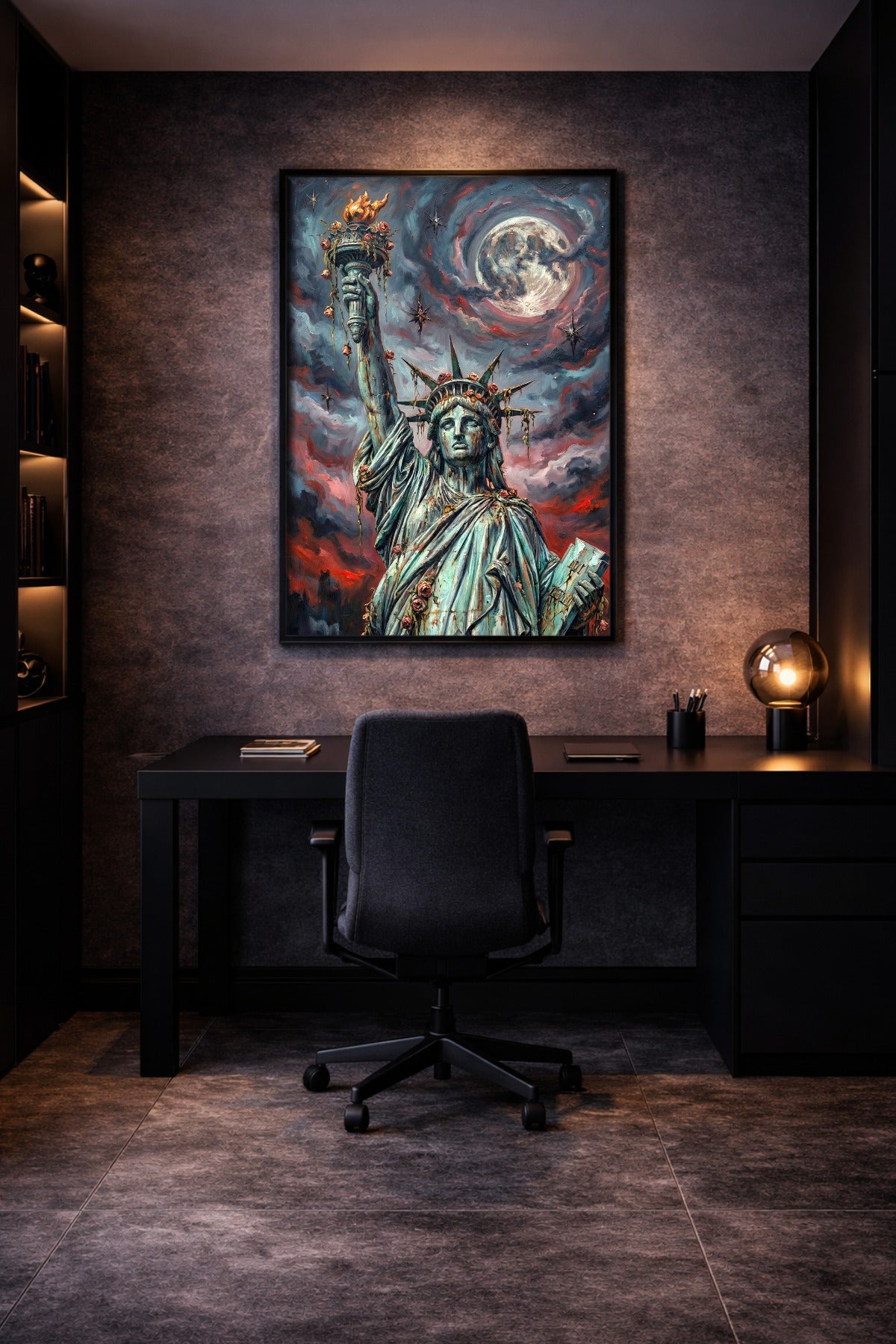 New York Wandbild mit Freiheitsstatue vor hellem Vollmond, tiefen Wolken und floralen Details als mystische Amerika Deko. Gamer Room Deko