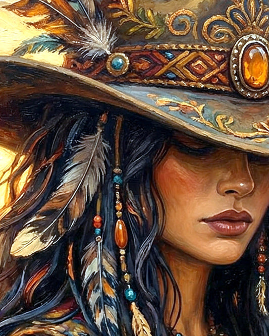 Digitales Boho-Cowgirl-Poster mit Wildblumenwiese, verziertem Westernhut, bestickter Weste und goldener Abendstimmung. Detailsansicht