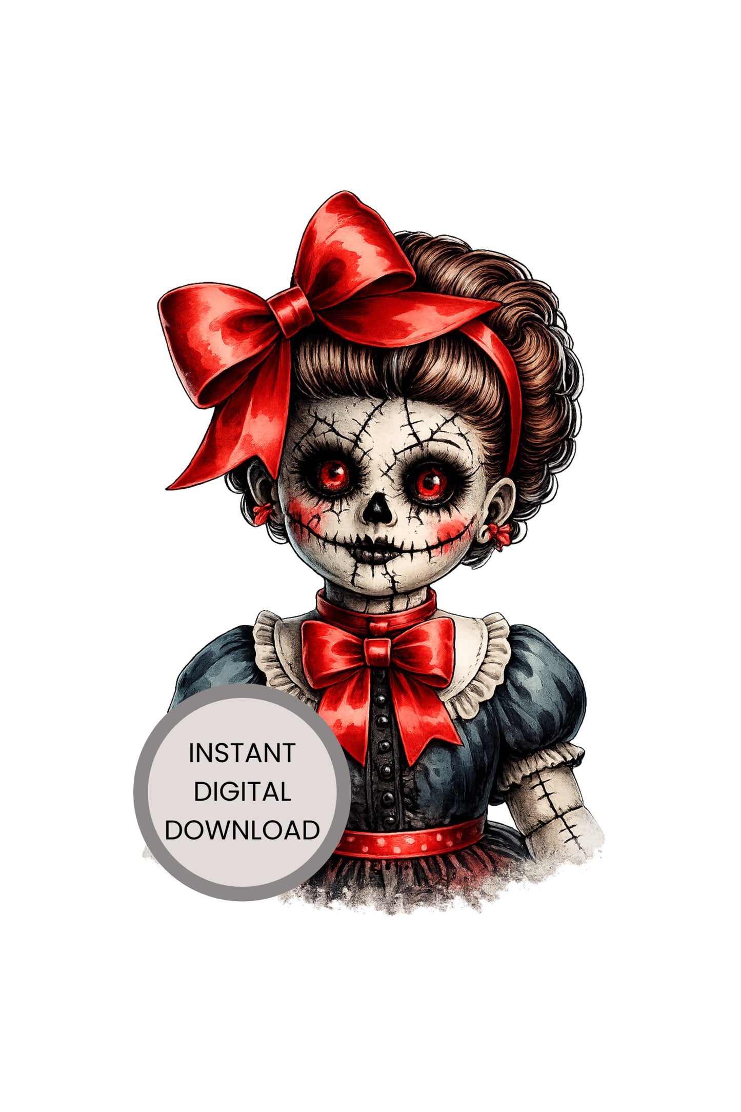 Haunted Doll Clipart – genähte Skull-Puppe mit leuchtend roten Augen, großen roten Schleifen und dunklem Kleid als PNG mit transparentem Hintergrund