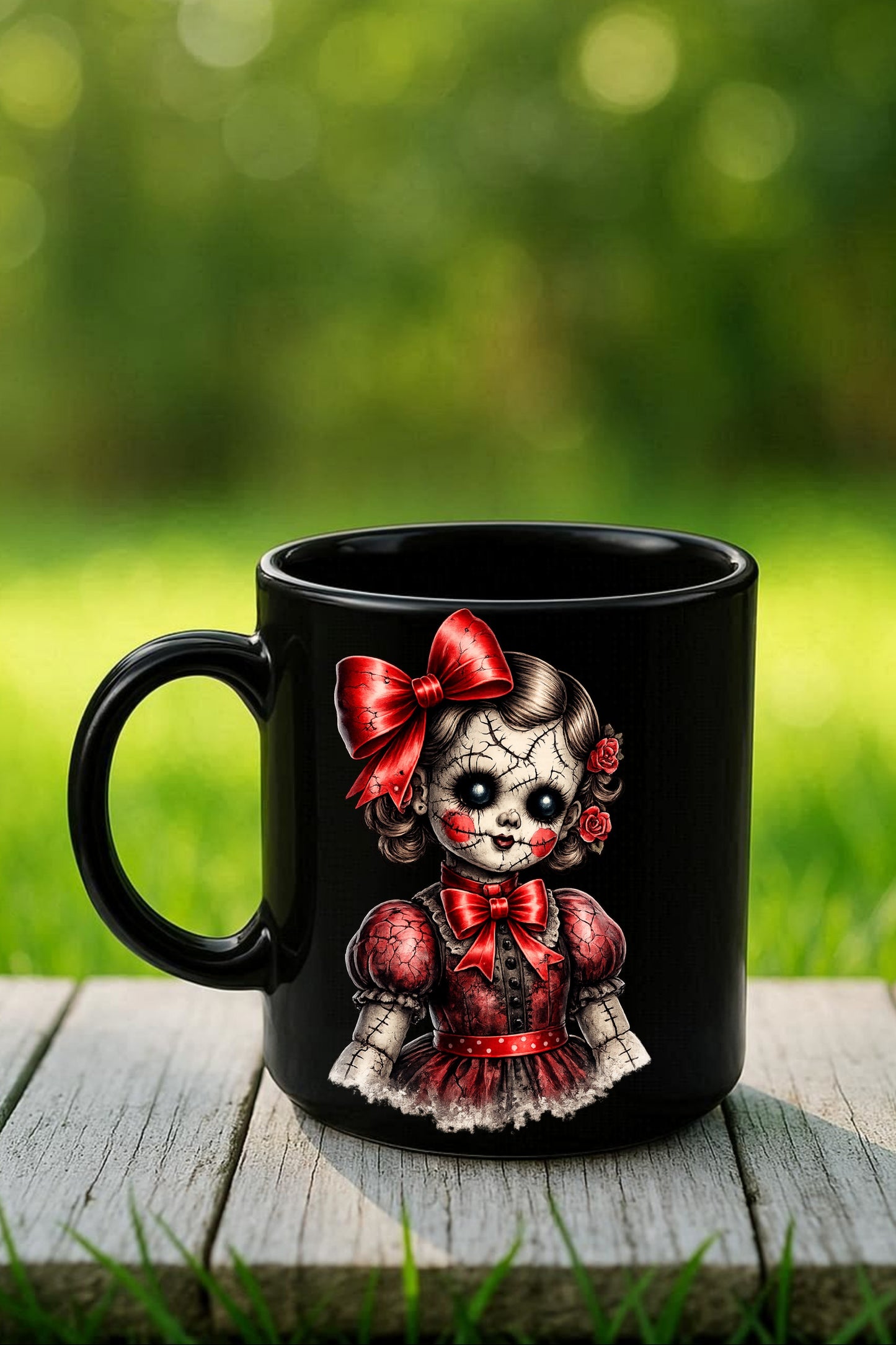 Haunted Doll Clipart – genähte, rissige Puppe mit großen schwarzen Augen, roten Schleifen, Rosen im Haar und rotem Vintage-Kleid als PNG mit transparentem Hintergrund