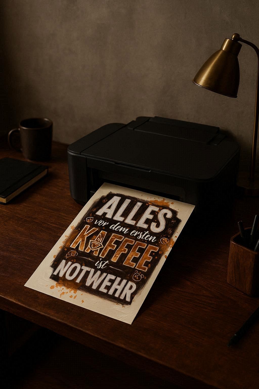 Lustiges Kaffee-Wandbild mit dem Spruch 'Alles vor dem ersten Kaffee ist Notwehr' in brauner Impasto-Typografie auf cremefarbenem Hintergrund.