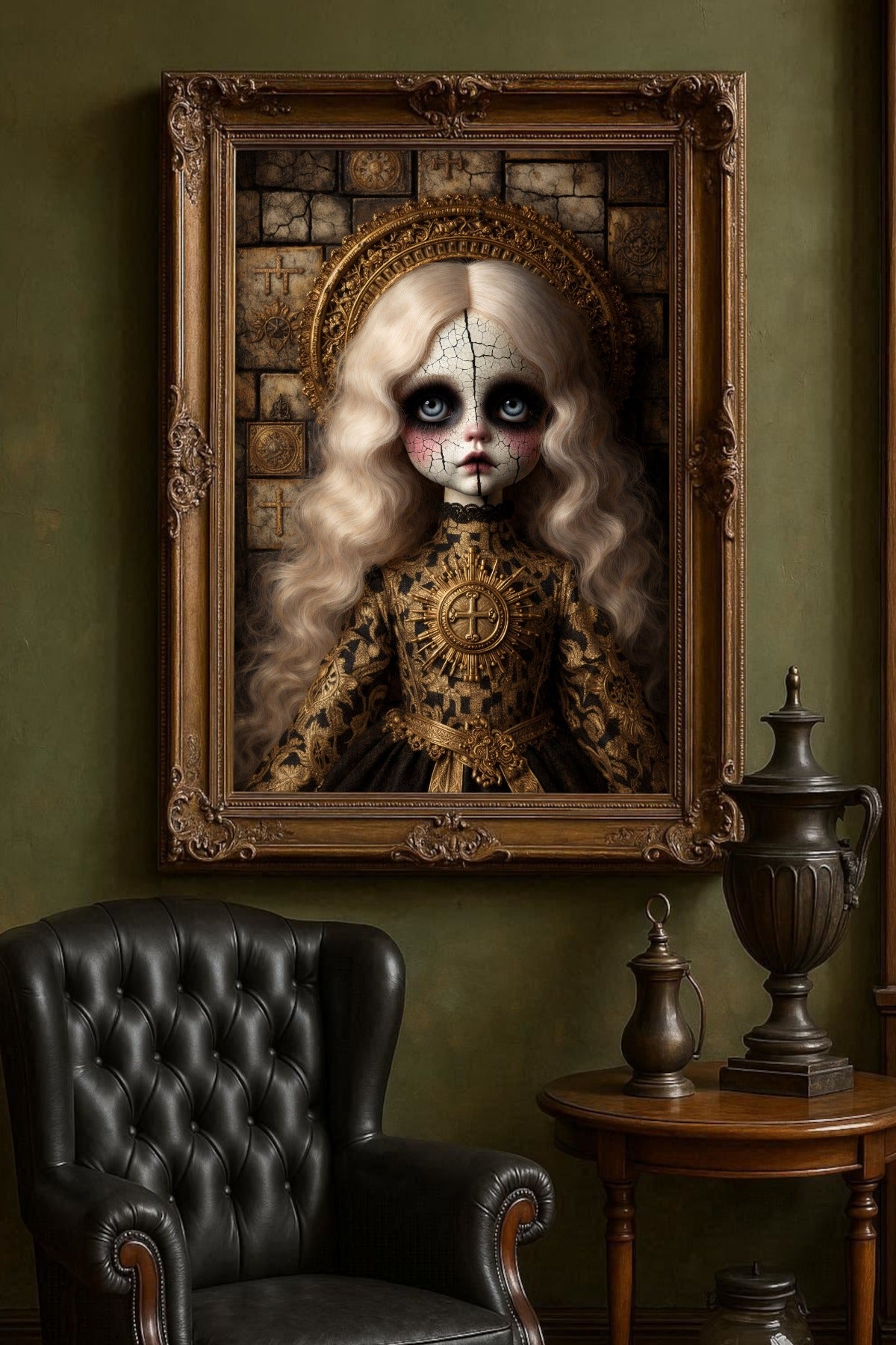 Digitales Gothic-Porträt einer antiken Porzellanpuppe mit rissiger Haut, goldenem Heiligenschein und barock inspirierten Details.