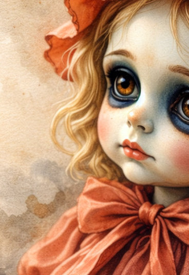 Düster-romantisches Gothic-Wandbild zweier Vintage-Puppen mit großen Augen und rostroten Kleidern im Pop-Surrealism-Stil.