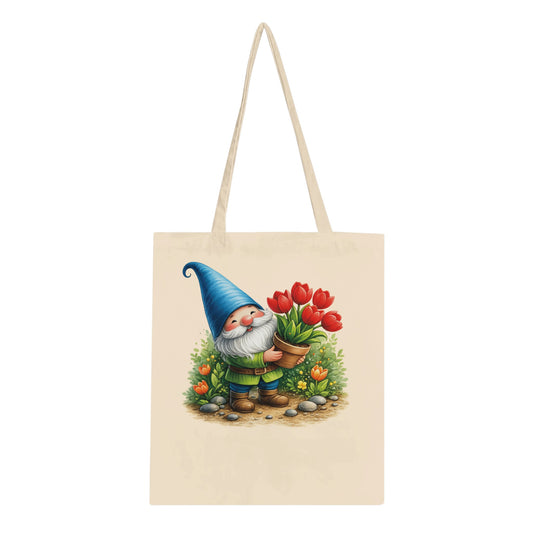 Baumwoll-Tote Bag mit Gartenzwerg und Tulpenmotiv, lange Henkel, verstärkte Nähte, erhältlich in Weiß oder Natur, nachhaltige Einkaufstasche.