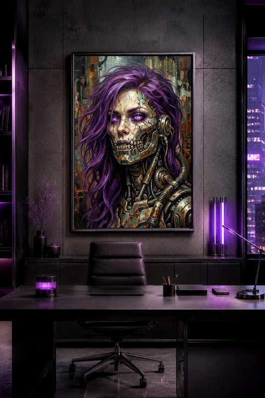 Digitales Cyberpunk Poster mit weiblichem Android, violettem Haar, leuchtenden Augen und mechanischem Metallkiefer vor rostigem Industrial-Hintergrund.
