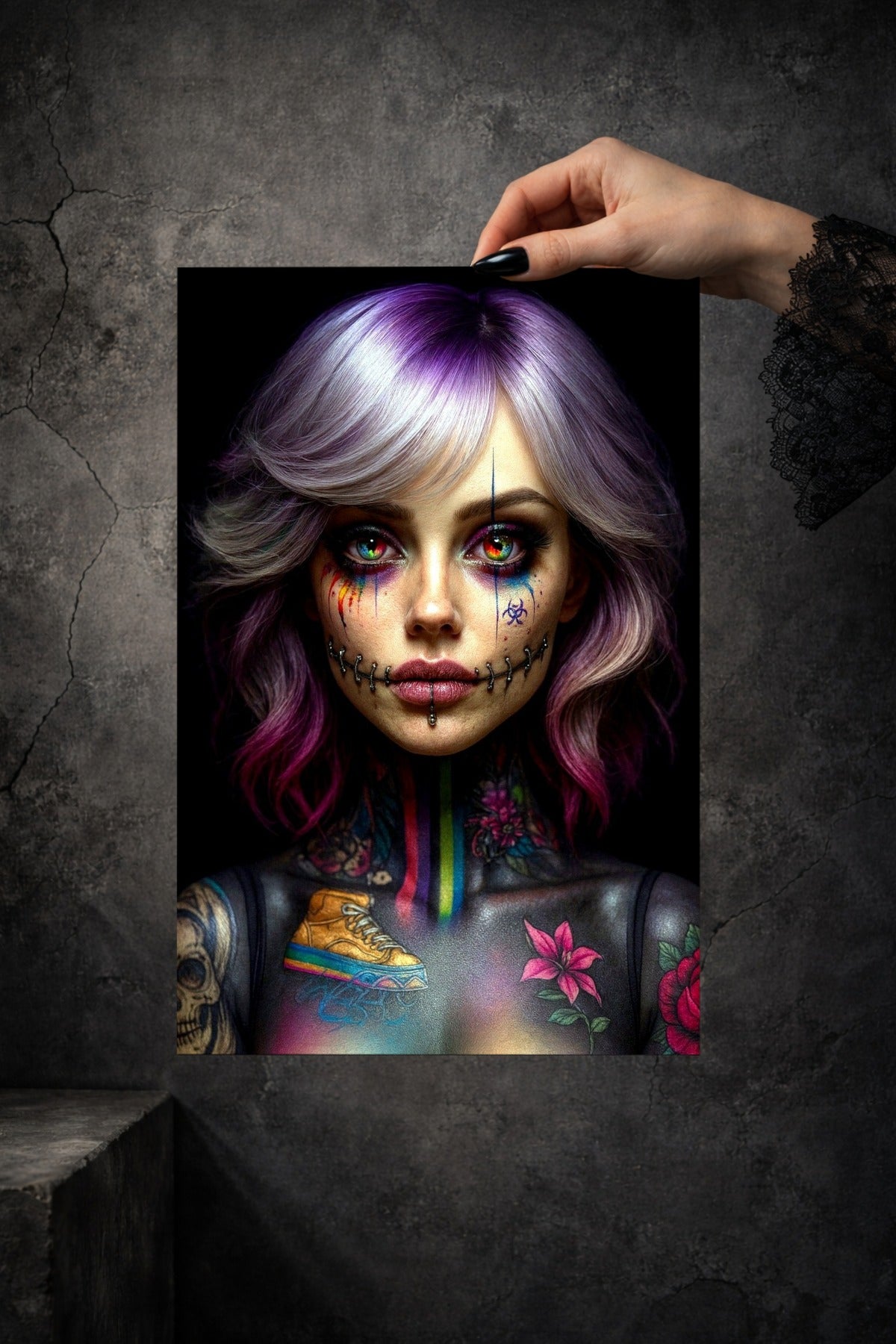 Cyberpunk-Porträt einer Frau mit violetten Haaren, aufwendigen Tattoos am Hals und neonfarbenen Akzenten im Stil moderner Dark Art.