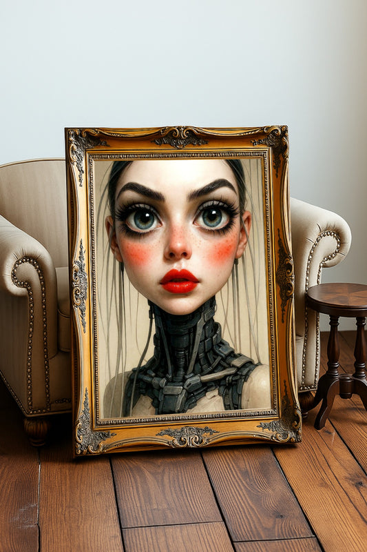 Modernes Cyberpunk-Poster: Futuristisches Porträt einer Frau mit großen blauen Augen, roten Lippen und biomechanischem Hals in Beige und Graphit.