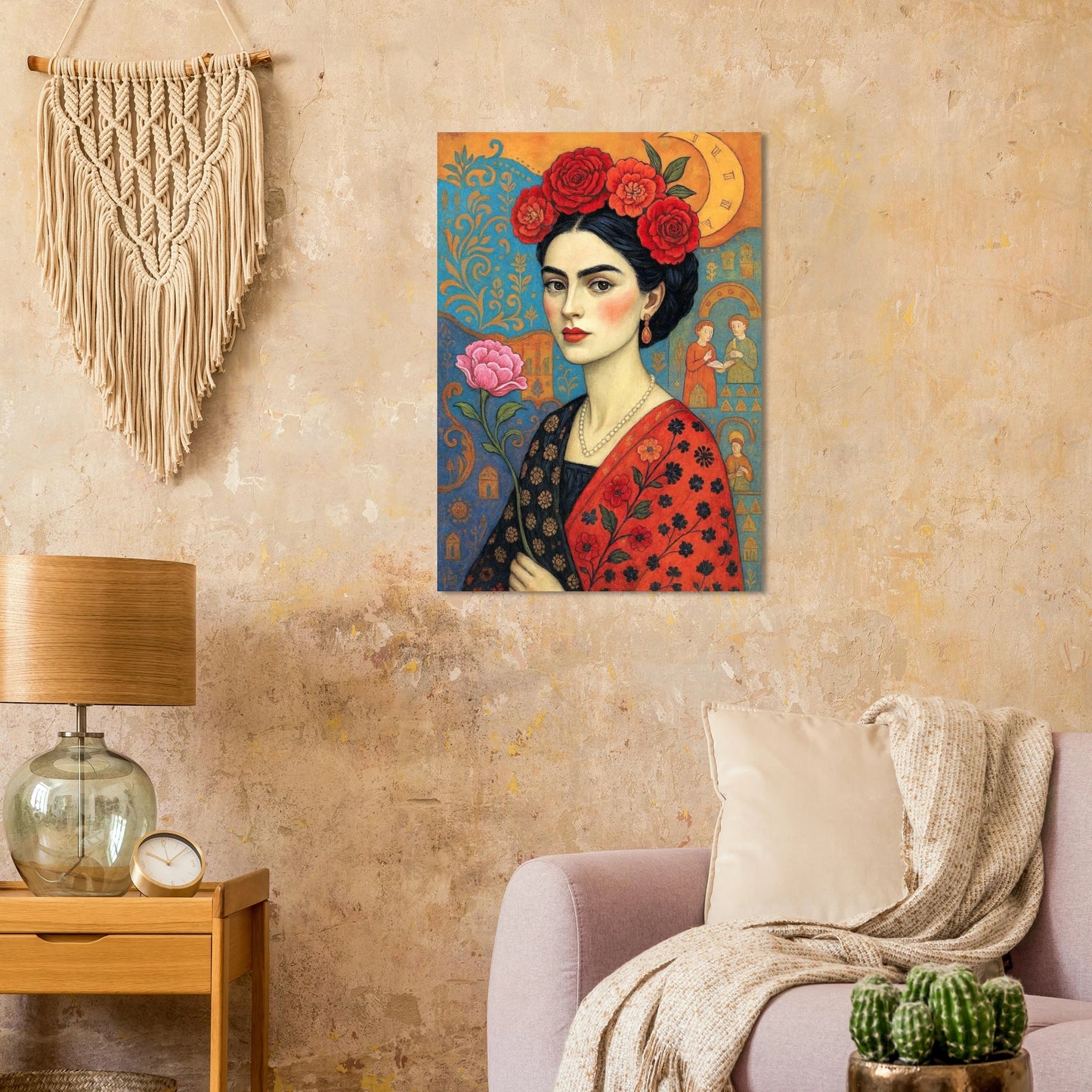 Florales Frauenporträt Poster mit roten Rosen, Boho Folk Art Illustration und Mondmotiv