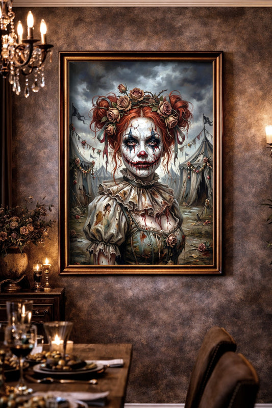 Gedrucktes Horror Clown Poster im Hochformat mit rothaarigem Frauenportrait, weißer Clownsschminke, Dornenkranz, Rosen und düsterem Circus-Noir-Hintergrund.
