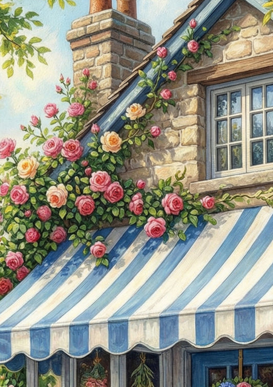 Gedrucktes Poster mit romantischem Blumengeschäft, hellblauer Tür, gestreifter Markise und üppigen Blumentöpfen vor heller Steinfassade. Detailsansicht