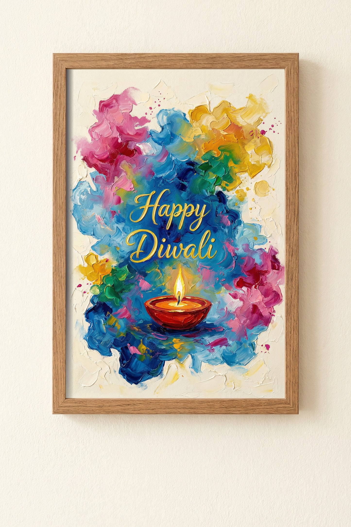 Malerisches Diwali Wandbild mit brennender Öllampe in Blau, Pink und Goldgelb vor hellem Hintergrund.