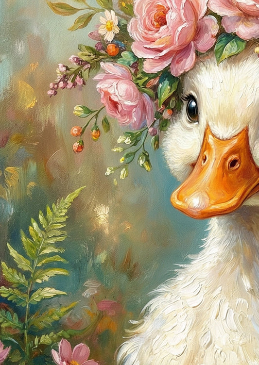 Detaillierte Illustration einer weißen Ente mit prachtvoller Blumenkrone aus Rosen, gestaltet im Stil eines klassischen Ölgemäldes.