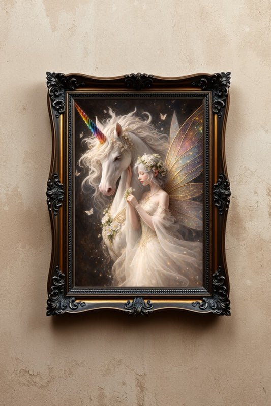 Hochwertiges Fantasy-Poster: Majestätisches weißes Einhorn mit einer zarten Elfe im Blumenkranz. Elegante Wanddeko in Gold und Elfenbein auf dunklem, mystischem Grund.