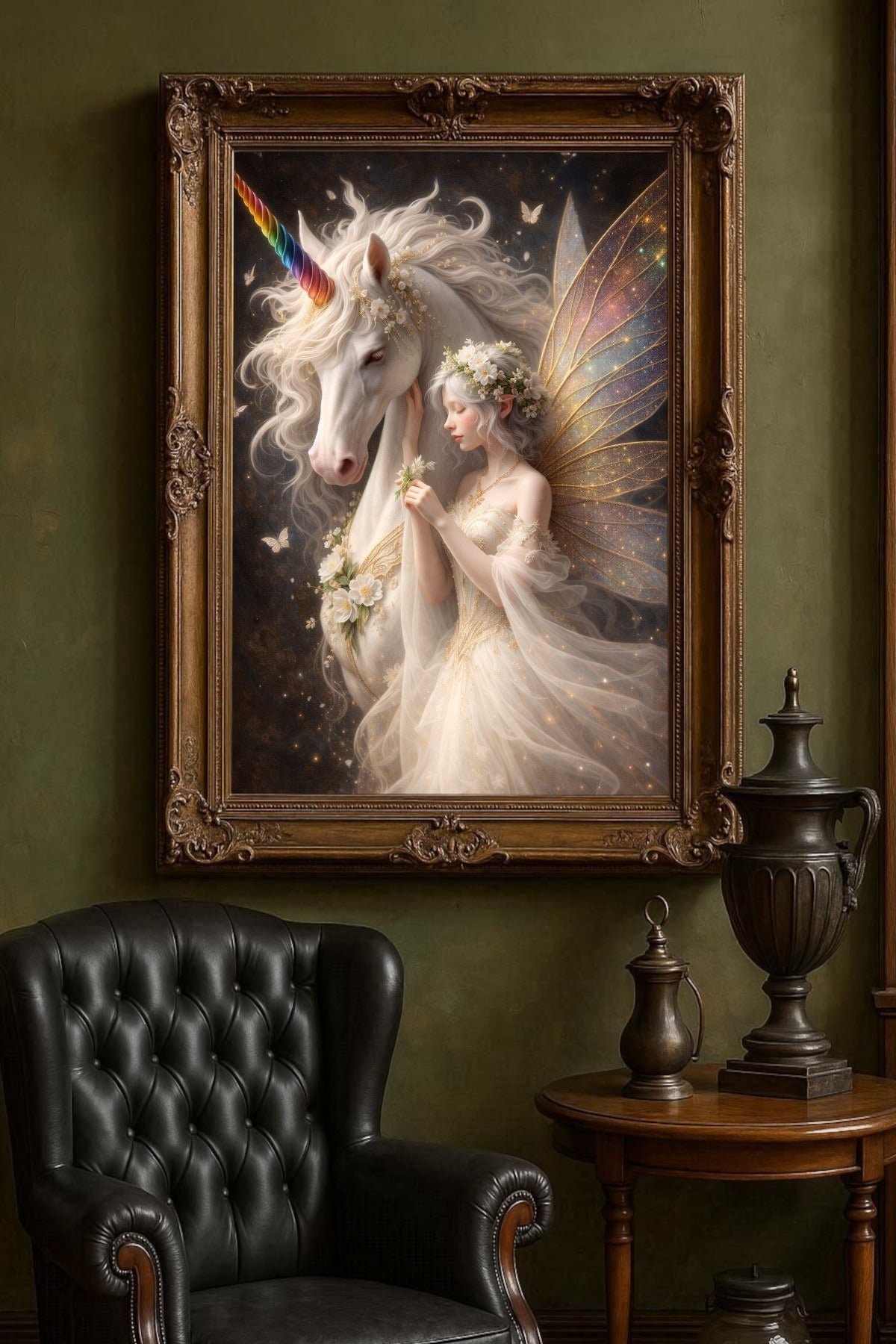 Hochauflösendes Fantasy-Wandbild: Eine zarte Elfe mit goldenen Flügeln und Blumenkrone lehnt sich an ein majestätisches weißes Einhorn. Magisches Artwork in Gold-, Elfenbein- und Pastelltönen.