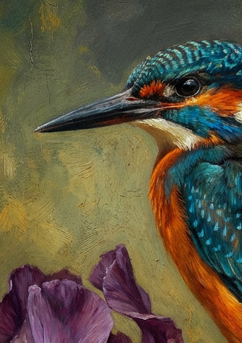 Digitales Eisvogel-Wandbild im Ölgemälde-Stil mit blau-orangem Vogel auf violetten Irisblüten vor dunklem Hintergrund. Detailausschnitt.