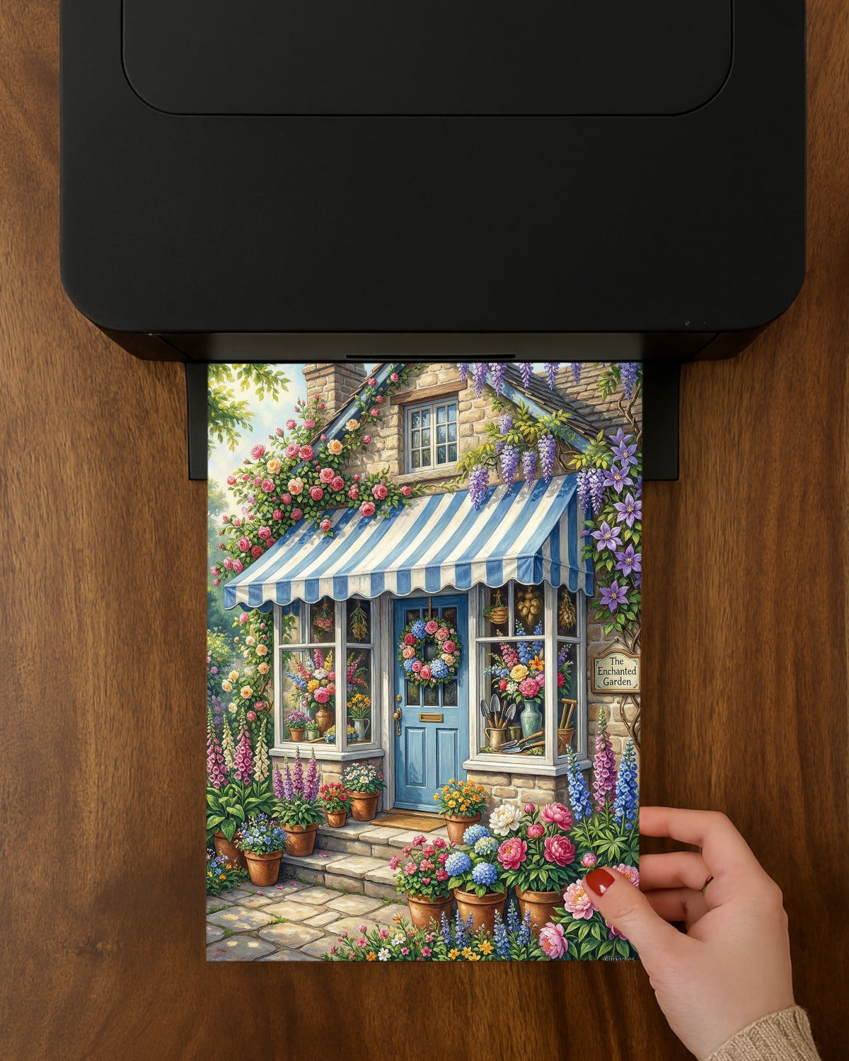 Cottage Garten Poster mit blau-weißer Markise, Steinhausfassade und üppigen Blumen im Landhausstil
