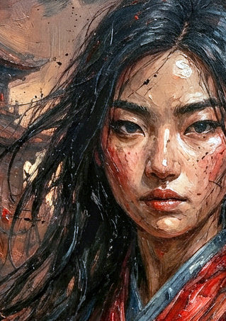 Detailsansicht. Digitales Hochformat-Poster mit Kriegerin in rotem Gewand, langem dunklem Haar und asiatischer Pagode vor einem dramatisch grauroten Himmel.