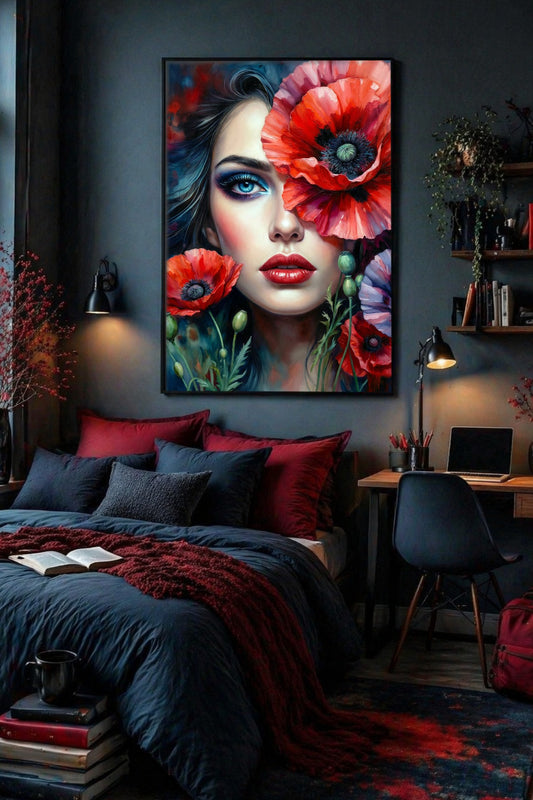 Frauenporträt Poster mit roten Mohnblumen, blauen Augen, roten Lippen und dunklem Hintergrund als moderne Wanddeko.