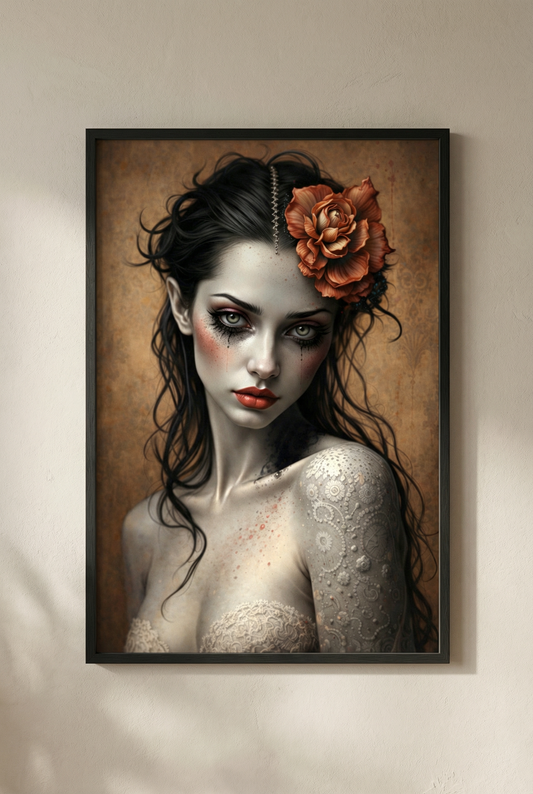 Gothic Frauenporträt als Premium Poster auf mattem Papier, dunkle romantische Illustration mit Blume im Haar