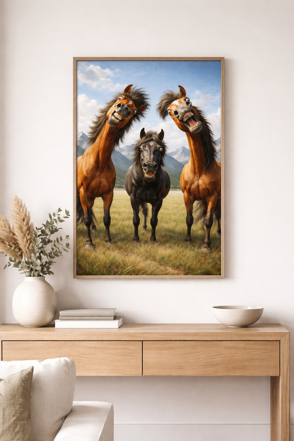 Pferde Poster lustig – Drei Pferde mit Grimassen auf der Wiese