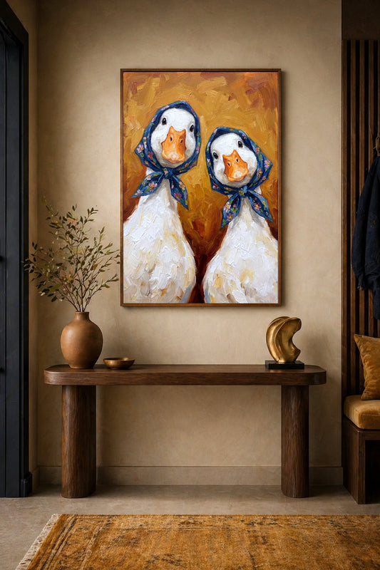 Gedrucktes Gänse Poster im Flur über schmaler Holzkonsole, zwei weiße Gänse mit blauen Kopftüchern als charmante Landhaus Wanddeko