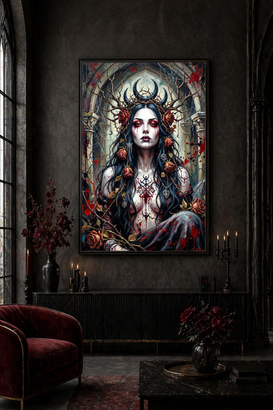 Dark Fantasy Wandbild mit Frau, roten Rosen, Dornen und Spinnweben als dramatischer Akzent in einem dunklen Wohnzimmer