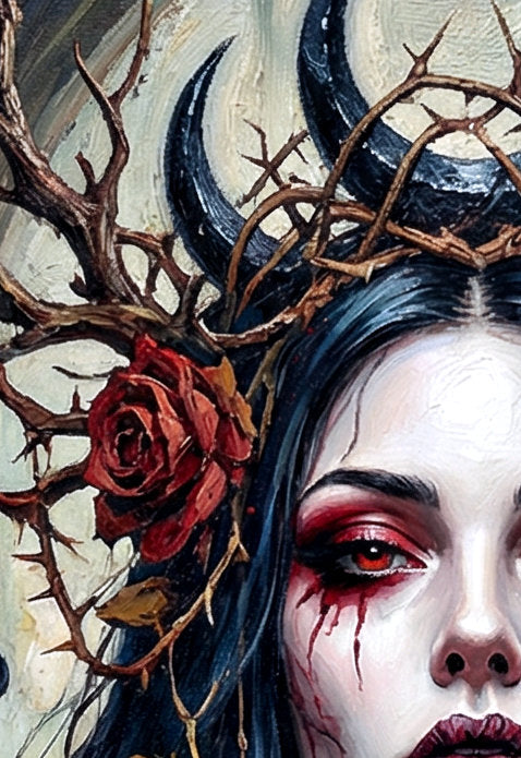 Digitales Gothic Wandbild im Hochformat mit Frauenportrait, schwarzen Haaren, roten Augen, Geweih, Rosen und Spinnweben in düsterer Ruinenkulisse. Detailsansicht
